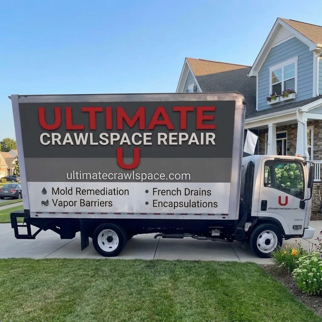 Ultimate Crawlspace branded box truck parked in a residential driveway
